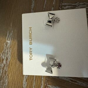 Tory Burch Silver Bow Earrings with Red Accent